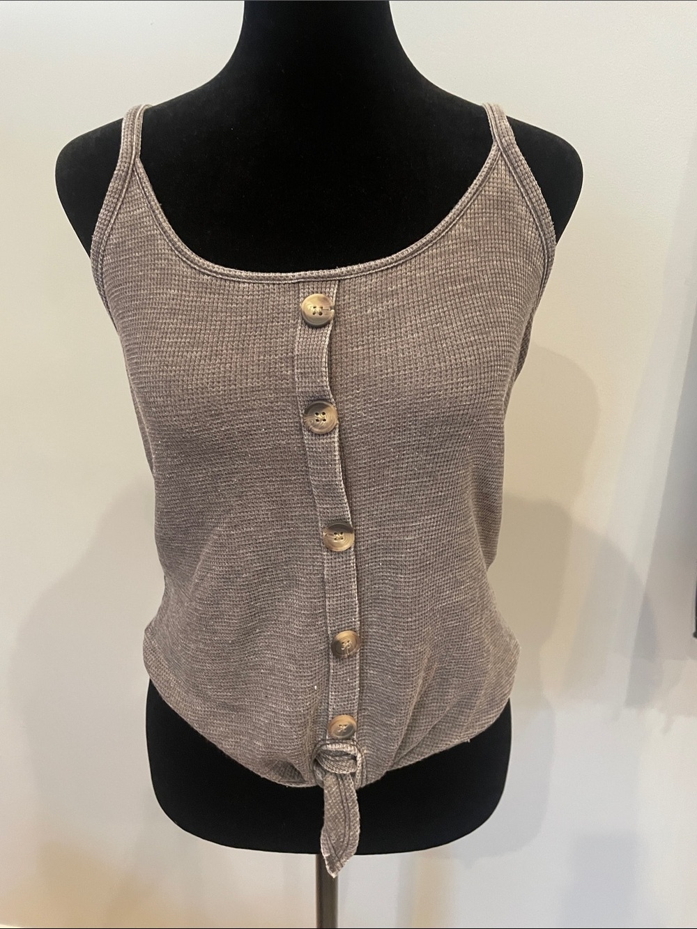 Waffle Knit Button-Front Tank Top in grey small American Eagle